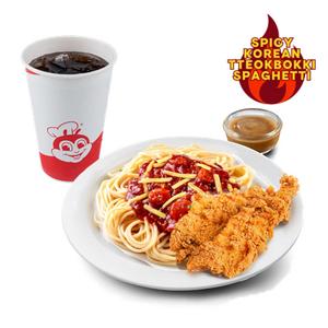 Spicy Korean Tteokbokki Spaghetti w/ 2-pc Chicken Strips & Regular Soft Drink