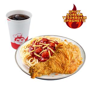 Spicy Korean Tteokbokki Spaghetti w/ 1-pc Chickenjoy & Regular Soft Drink
